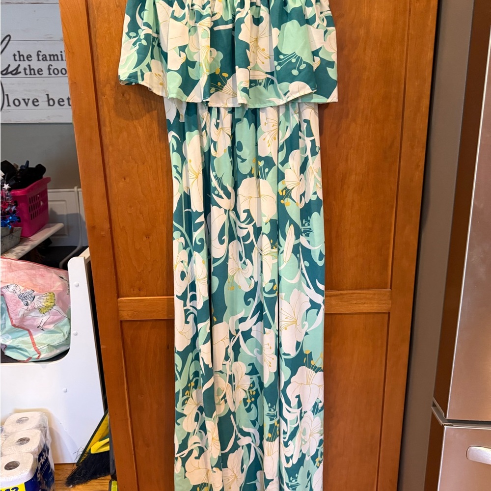 entro Teal and White Floral Strapless Dress